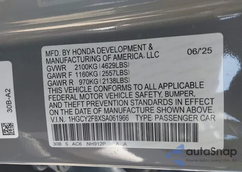 2025 Honda Accord Hybrid Touring from USA, damaged, VIN 1HGCY2F8XSA061966
